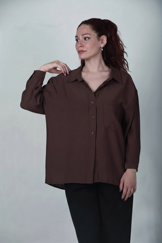 Kadın Oversize Düşük Omuz Gömlek Kahverengi - Arka Görünüm
