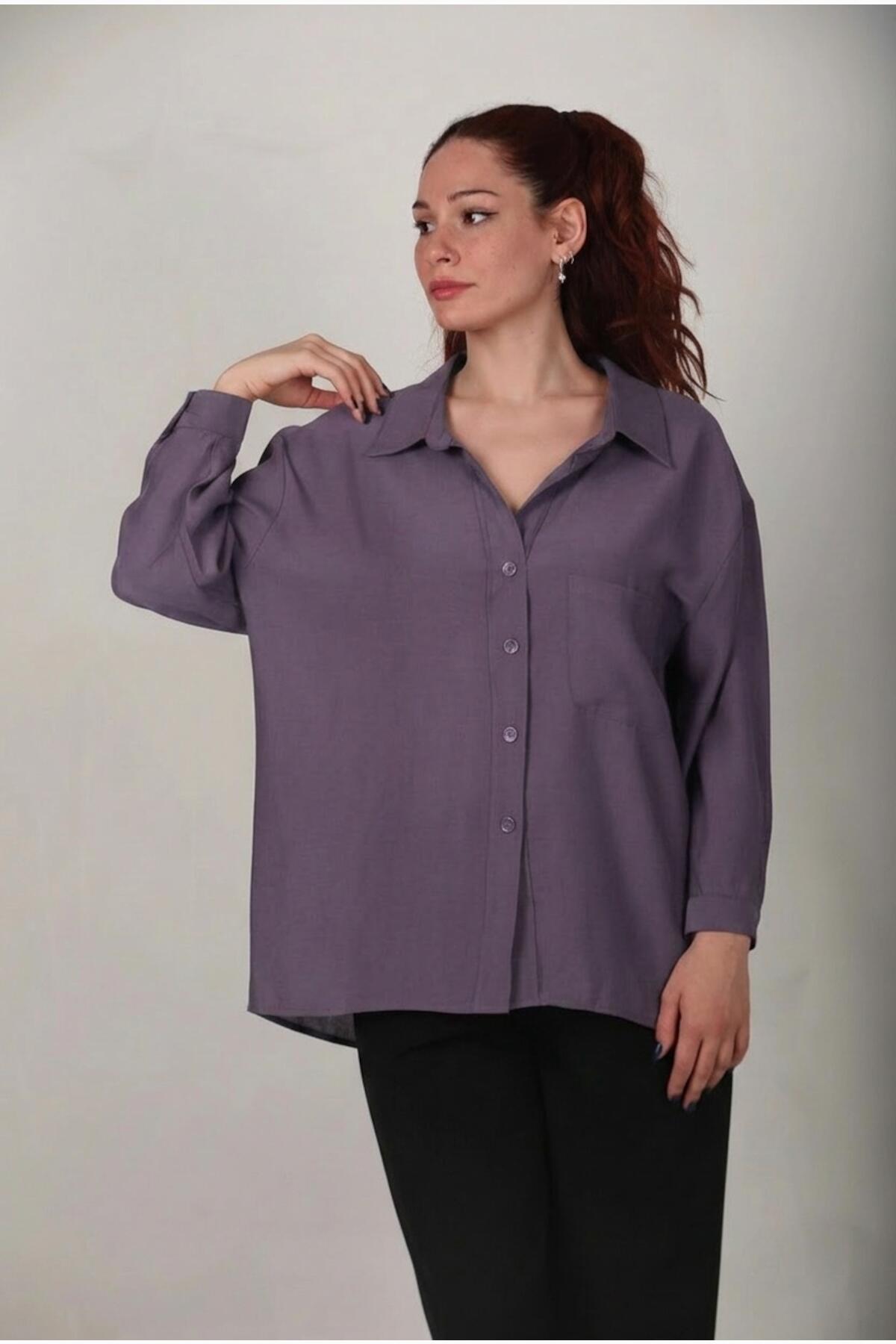 Kadın Oversize Düşük Omuz Gömlek Mor - Arka Görünüm