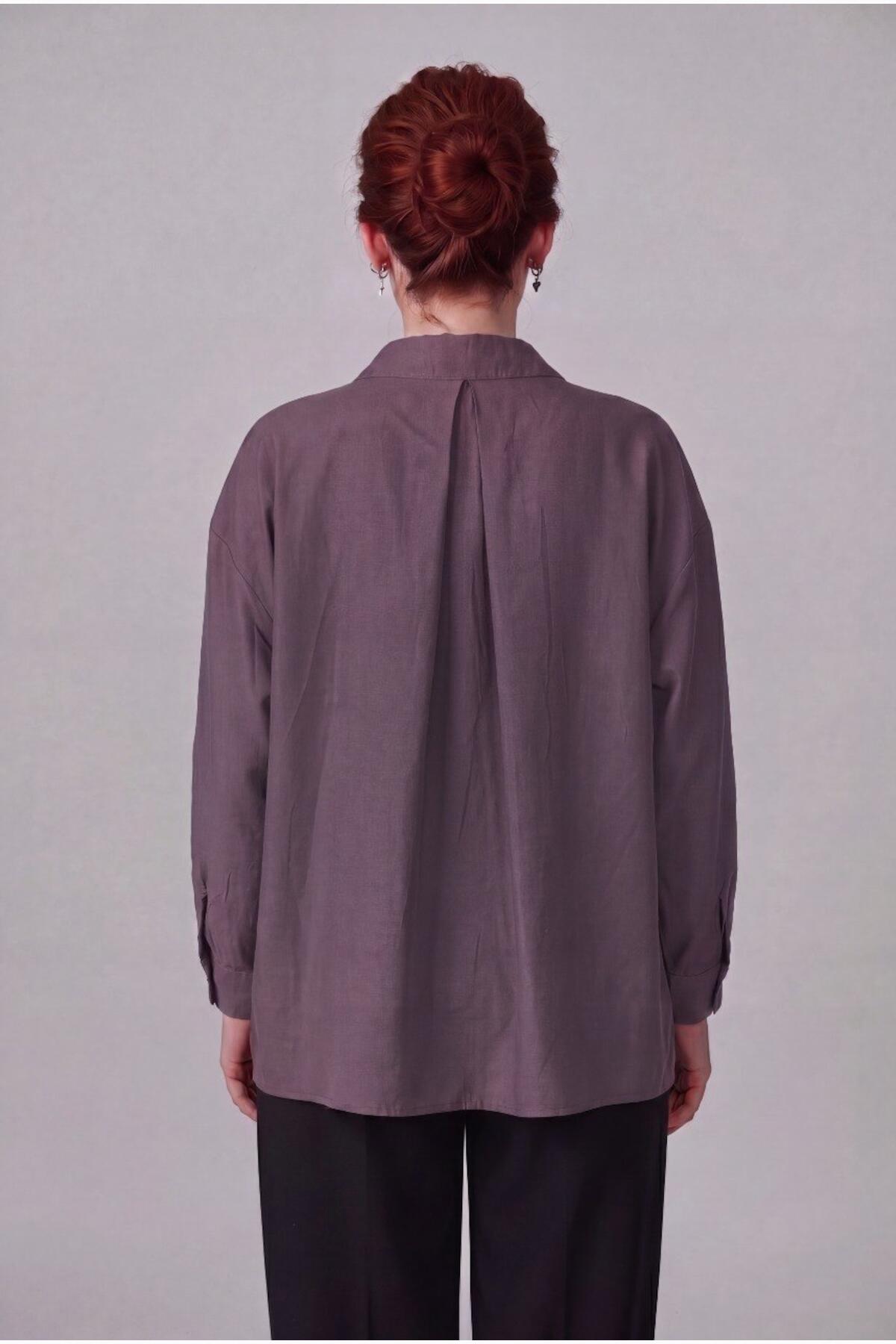Kadın Oversize Düşük Omuz Gömlek Mor - Detay Görünümü