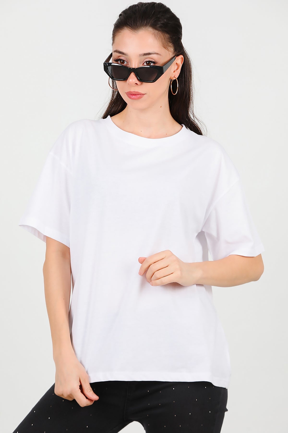 Kadın Owersize T-Shirt Ekru - Ön Görünüm
