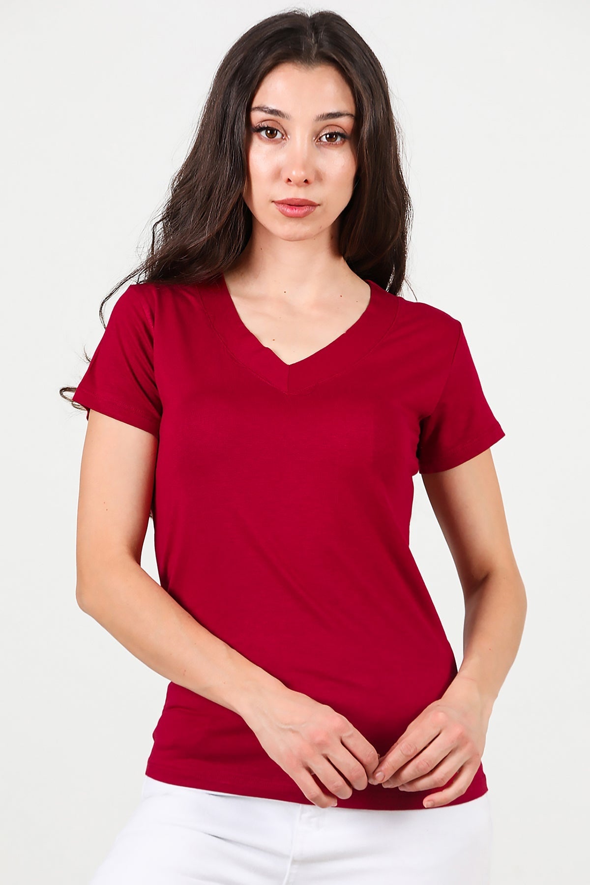 Kadın V Yaka T-Shirt Bordo - Detay Görünümü