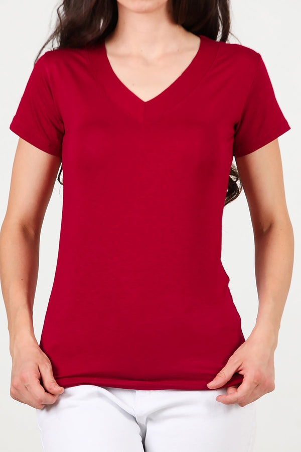 Kadın V Yaka T-Shirt Bordo - Model Üzerinde Görünüm