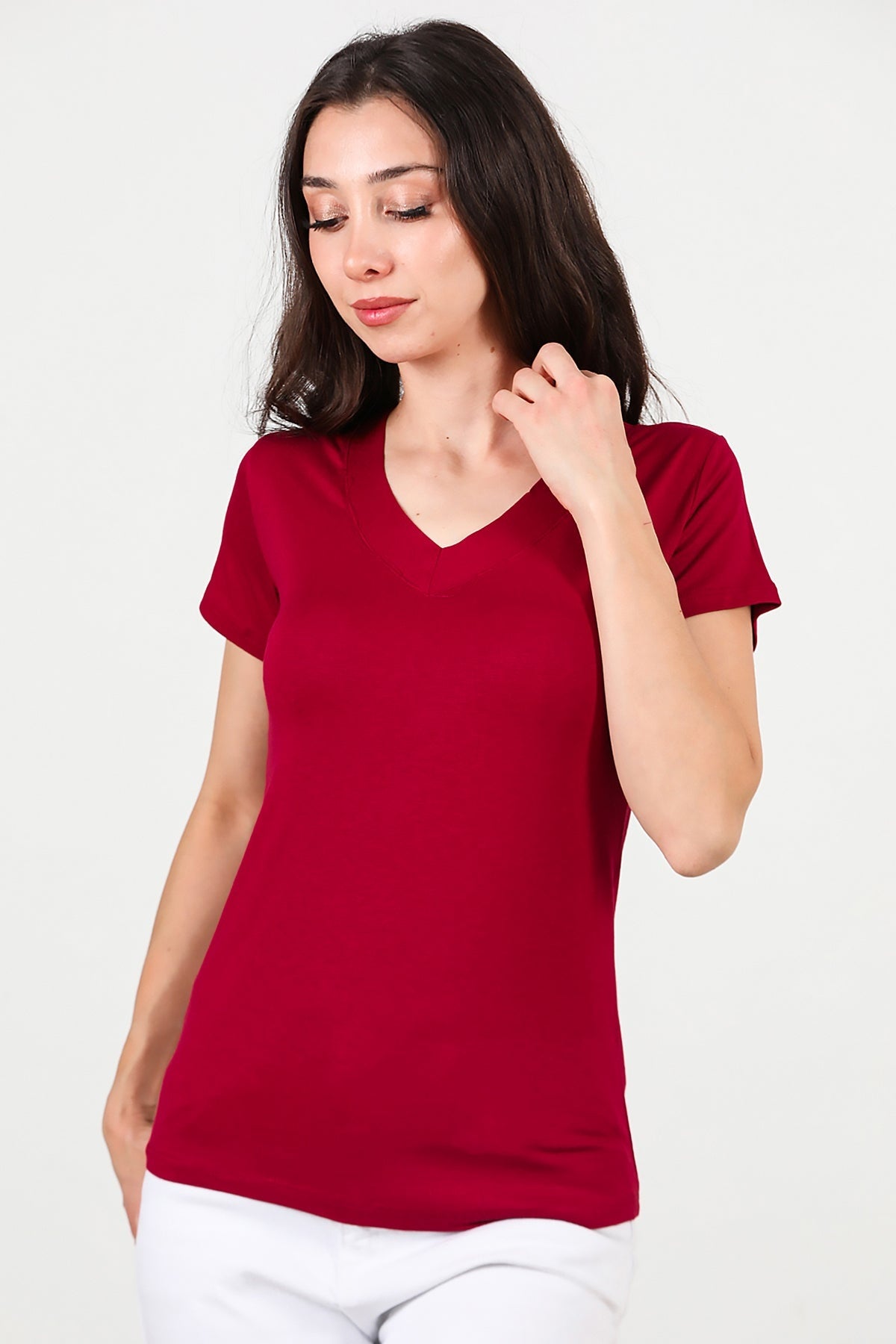 Kadın V Yaka T-Shirt Bordo - Ön Görünüm