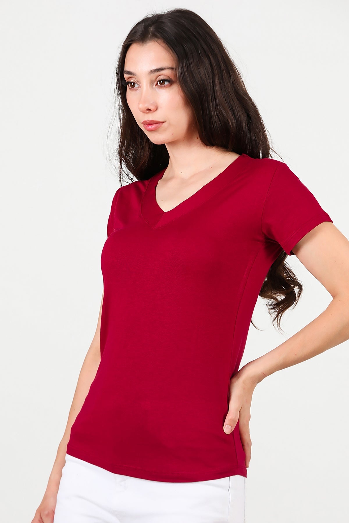 Kadın V Yaka T-Shirt Bordo - Yandan Görünüm