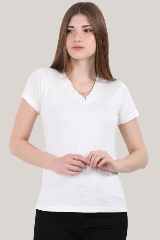 Kadın V Yaka T-Shirt Ekru - Arka Görünüm