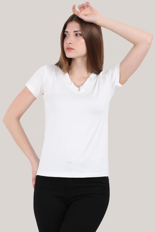 Kadın V Yaka T-Shirt Ekru - Ön Görünüm