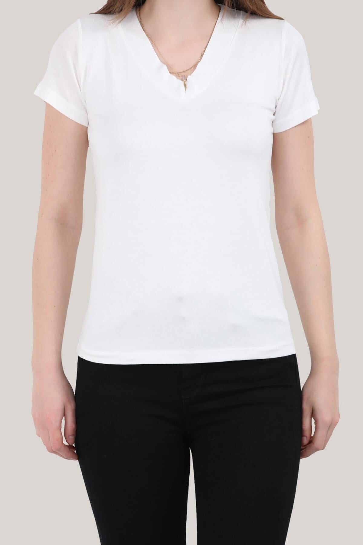 Kadın V Yaka T-Shirt Ekru - Yandan Görünüm