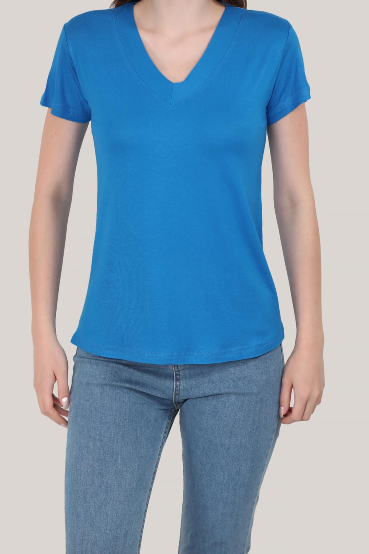 Kadın V Yaka T-Shirt Saks - Yandan Görünüm