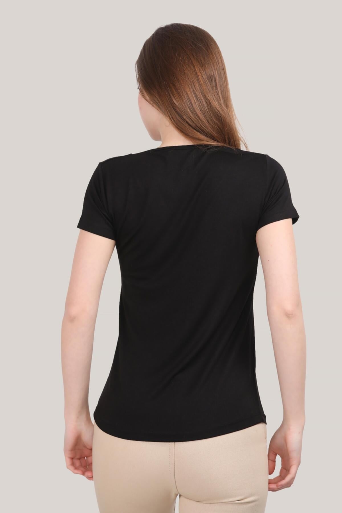 Kadın V Yaka T-Shirt Siyah - Detay Görünümü