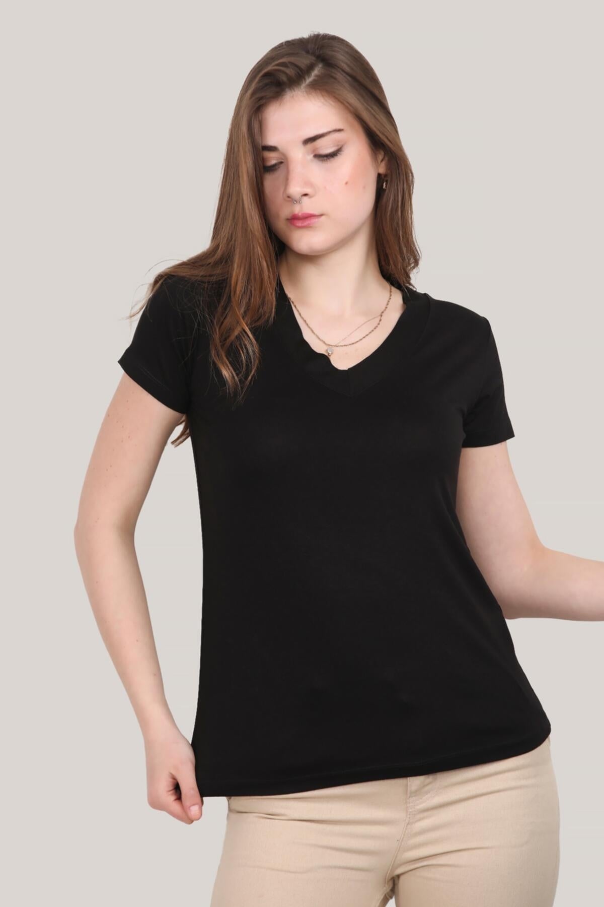 Kadın V Yaka T-Shirt Siyah - Ön Görünüm
