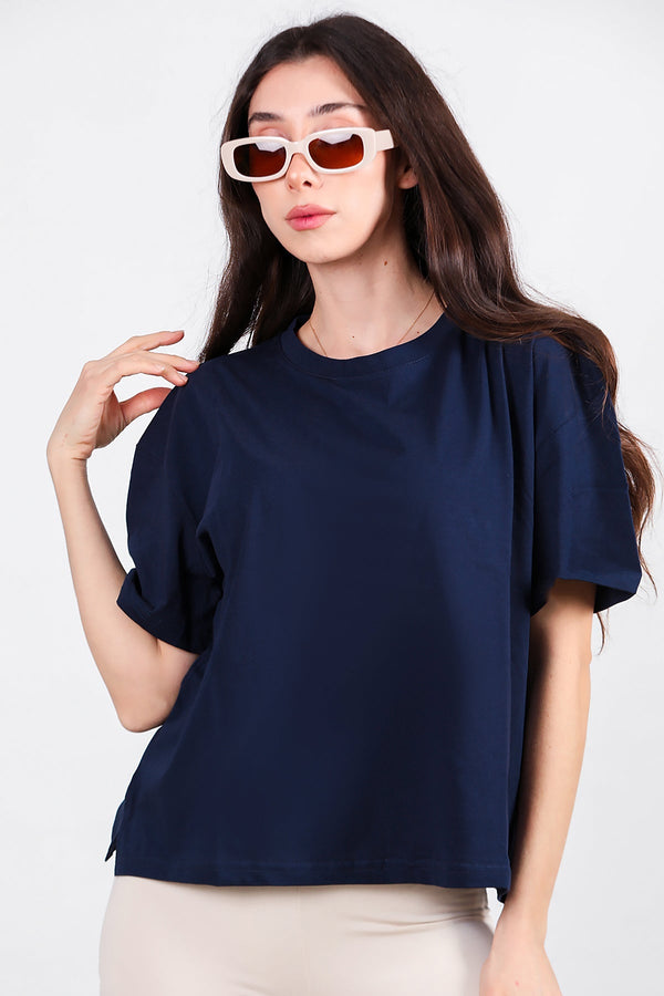 Kadın Yan Yırtmaçlı Bisiklet Yaka Oversize Tshirt Lacivert - Detay Görünümü