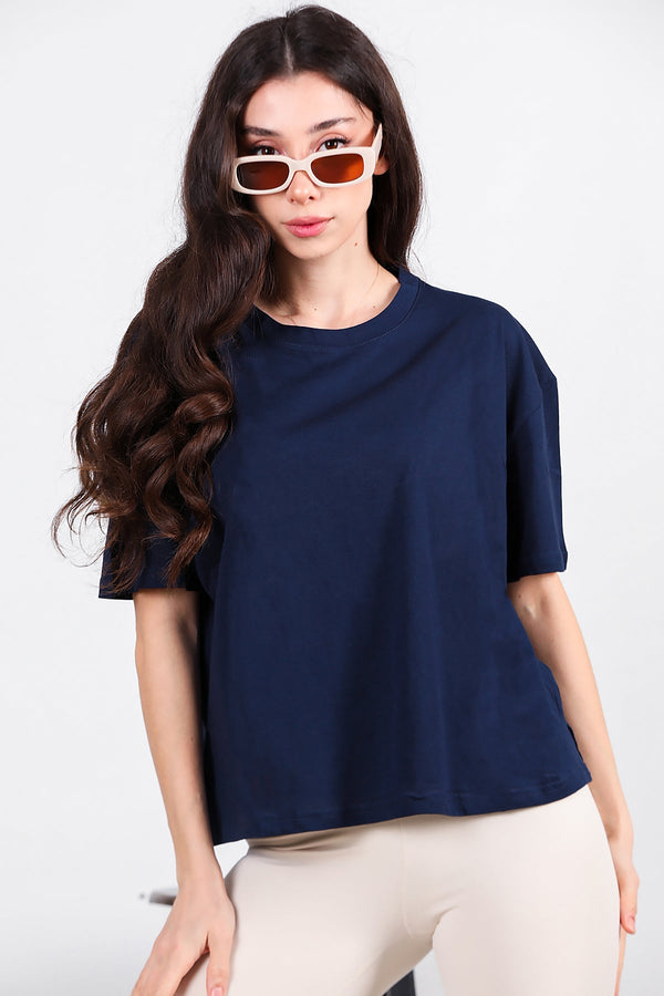 Kadın Yan Yırtmaçlı Bisiklet Yaka Oversize Tshirt Lacivert - Ön Görünüm