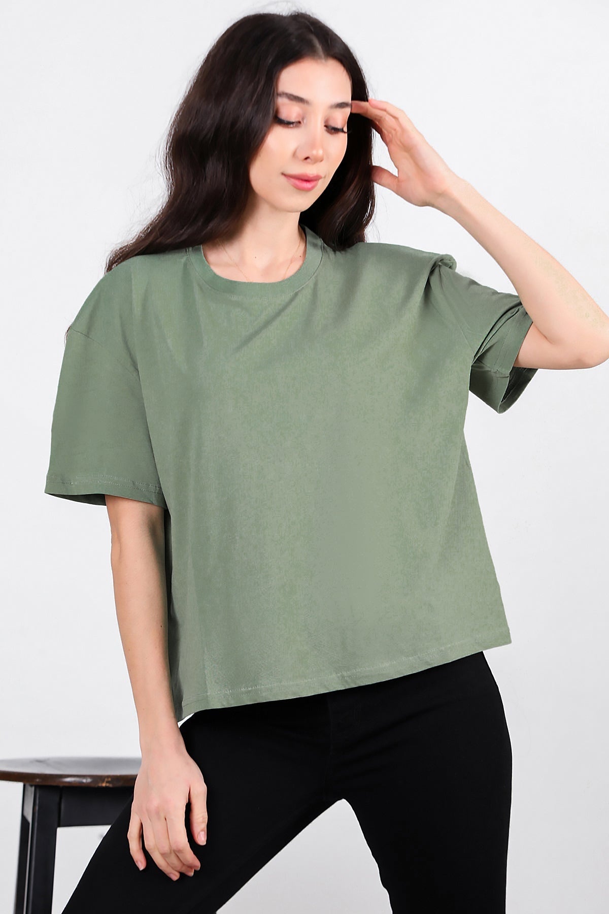 Kadın Yan Yırtmaçlı Bisiklet Yaka Oversize Tshirt Mint - Detay Görünümü