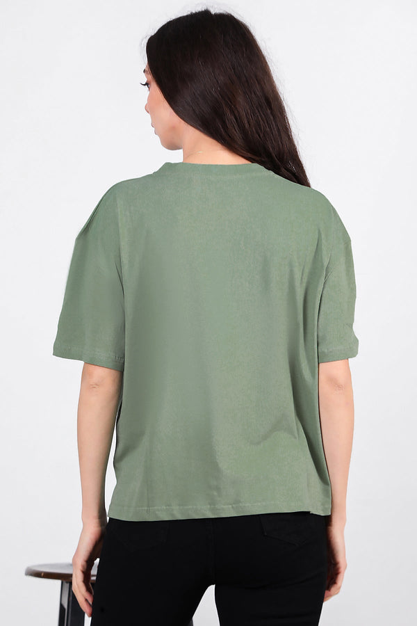 Kadın Yan Yırtmaçlı Bisiklet Yaka Oversize Tshirt Mint - Yakın Çekim Detay