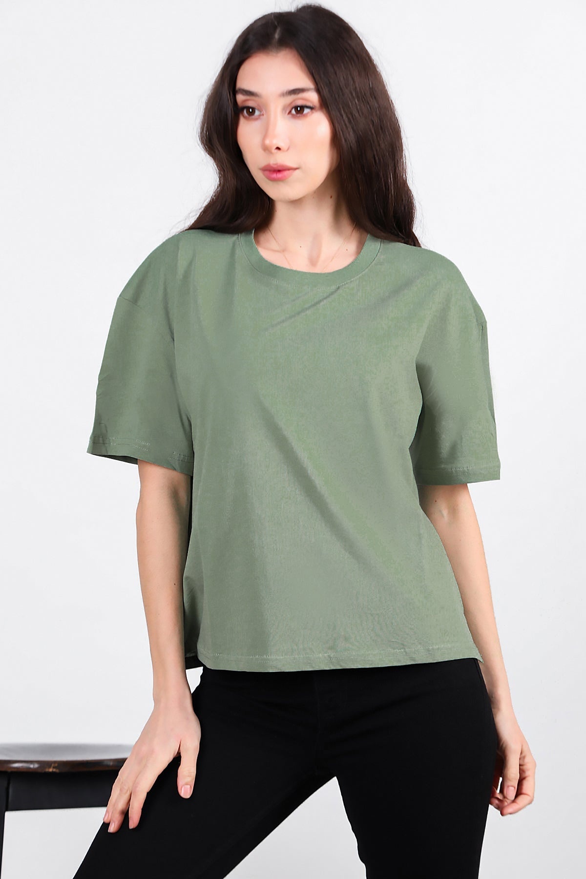 Kadın Yan Yırtmaçlı Bisiklet Yaka Oversize Tshirt Mint - Yandan Görünüm