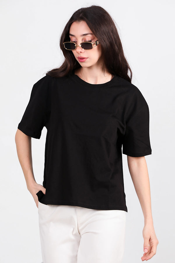 Kadın Yan Yırtmaçlı Bisiklet Yaka Oversize Tshirt Siyah - Arka Görünüm