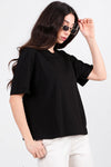 Kadın Yan Yırtmaçlı Bisiklet Yaka Oversize Tshirt Siyah