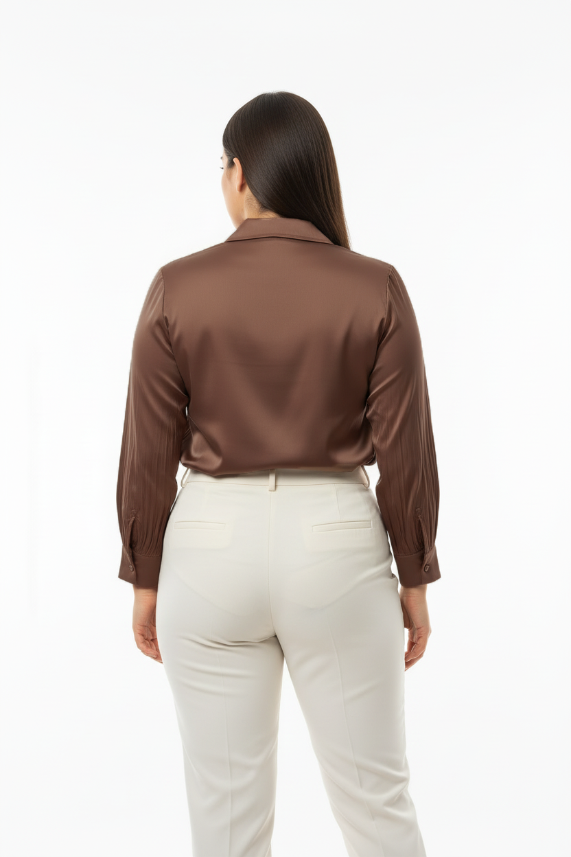 Chic Büyük Beden Önü V Yakalı Bluz Kahverengi
