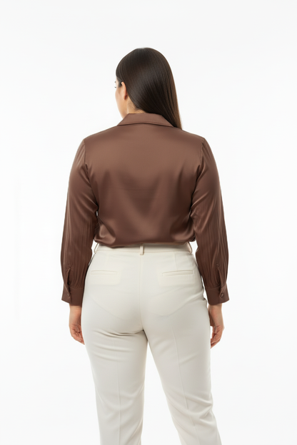 Chic Büyük Beden Önü V Yakalı Bluz Kahverengi