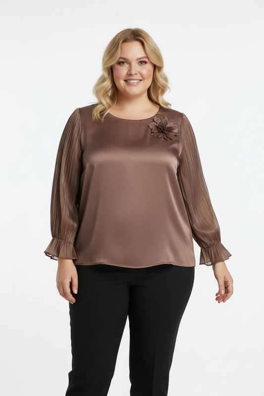 Büyük Beden Yaka Çiçek Bluz Kahverengi
