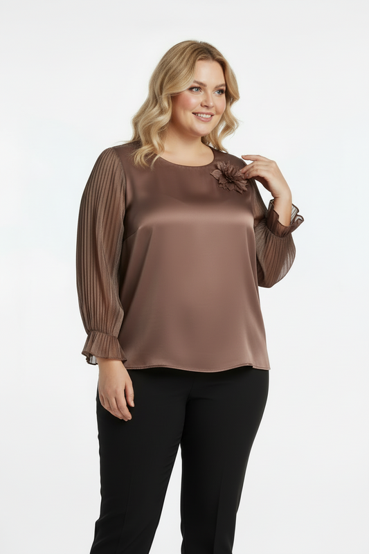 Büyük Beden Yaka Çiçek Bluz Kahverengi
