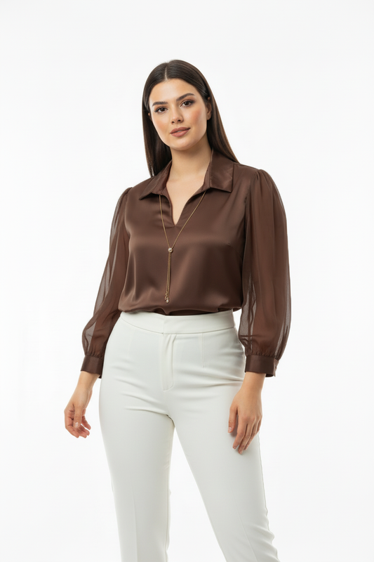Chic Büyük Beden Önü V Yakalı Bluz Kahverengi