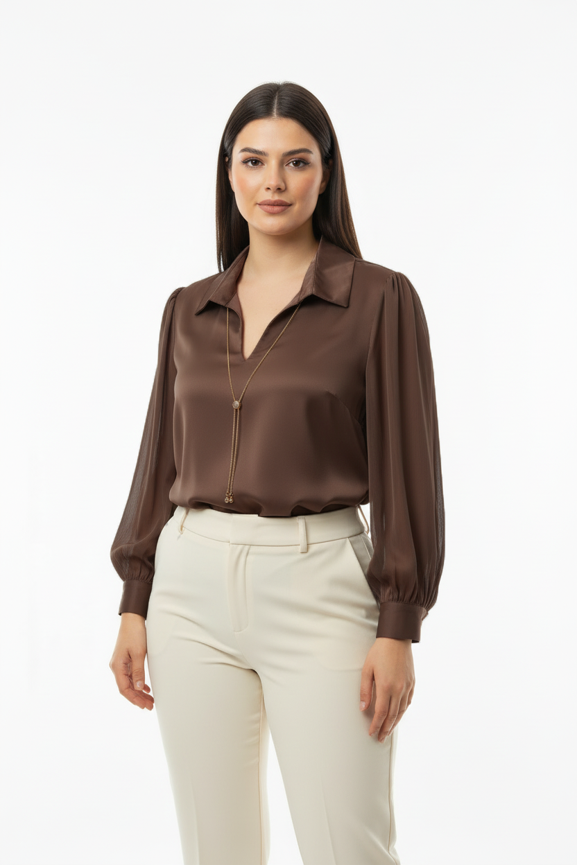 Chic Büyük Beden Önü V Yakalı Bluz Kahverengi