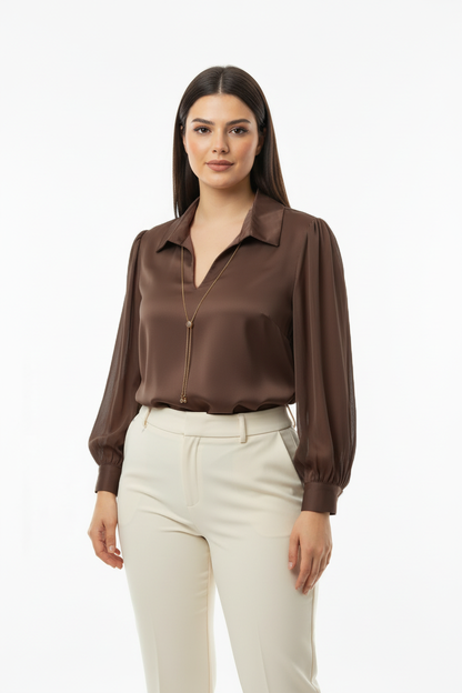 Chic Büyük Beden Önü V Yakalı Bluz Kahverengi