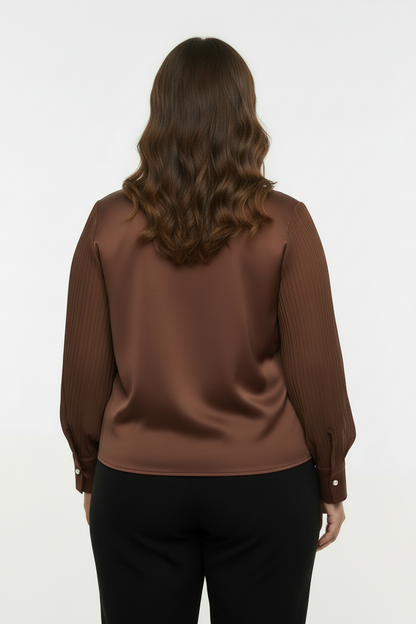 Bow Büyük Beden Fularlı Ön Düğmeli Bluz Kahverengi