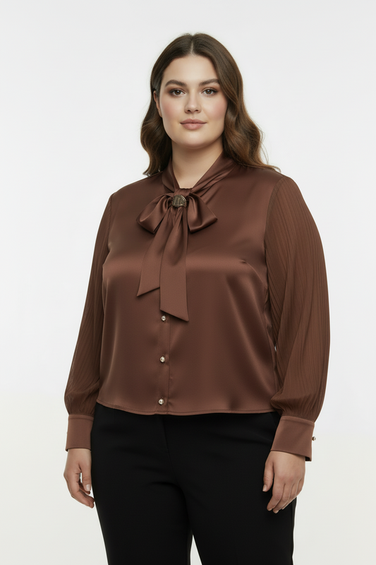 Bow Büyük Beden Fularlı Ön Düğmeli Bluz Kahverengi