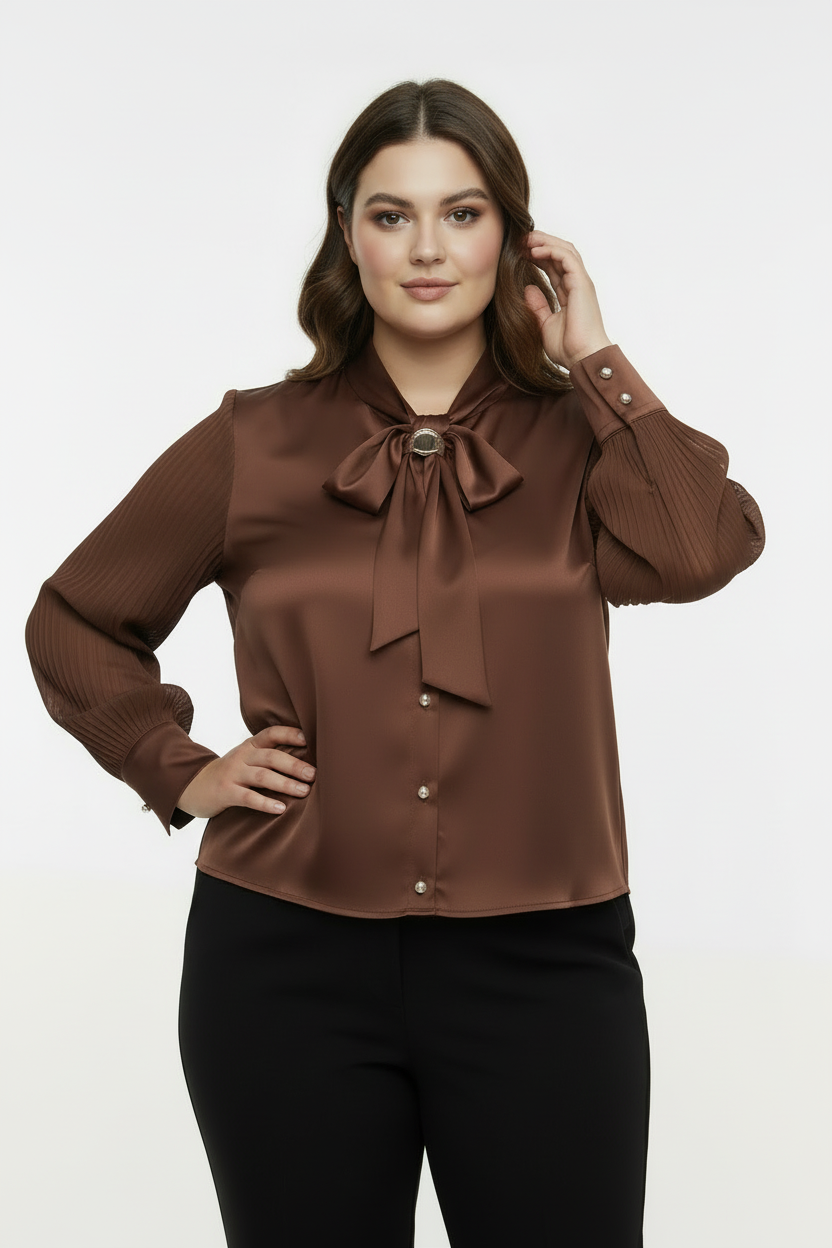 Bow Büyük Beden Fularlı Ön Düğmeli Bluz Kahverengi