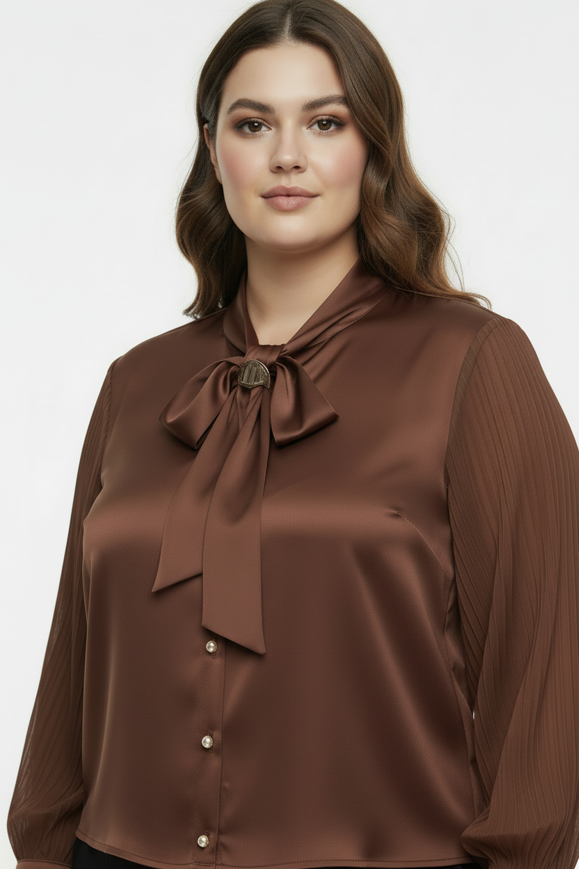 Bow Büyük Beden Fularlı Ön Düğmeli Bluz Kahverengi