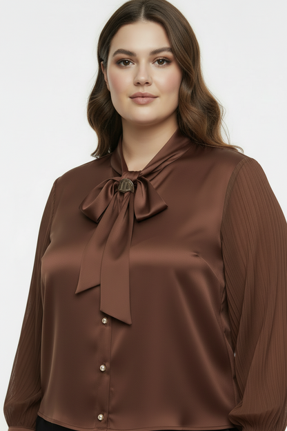 Bow Büyük Beden Fularlı Ön Düğmeli Bluz Kahverengi