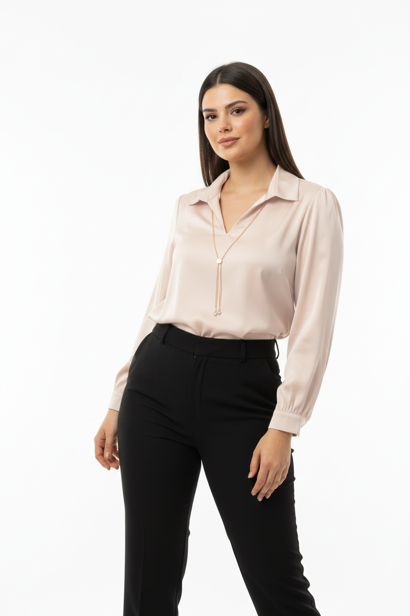 Chic Büyük Beden Önü V Yakalı Bluz Krem