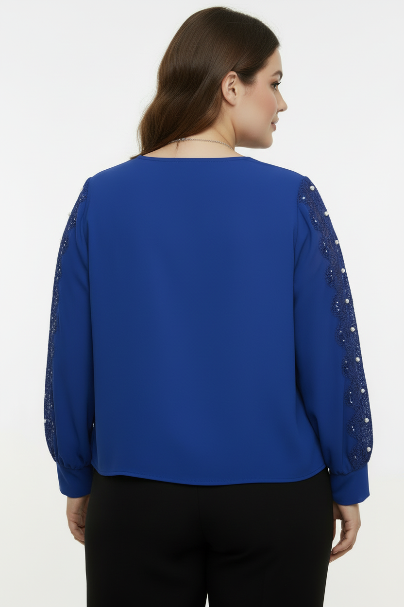 Glam Büyük Beden Payetli Dantel Kollu Saks Mavi Bluz