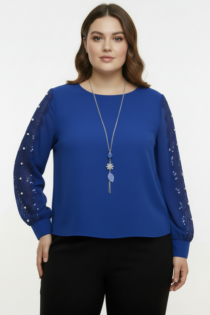 Glam Büyük Beden Payetli Dantel Kollu Saks Mavi Bluz