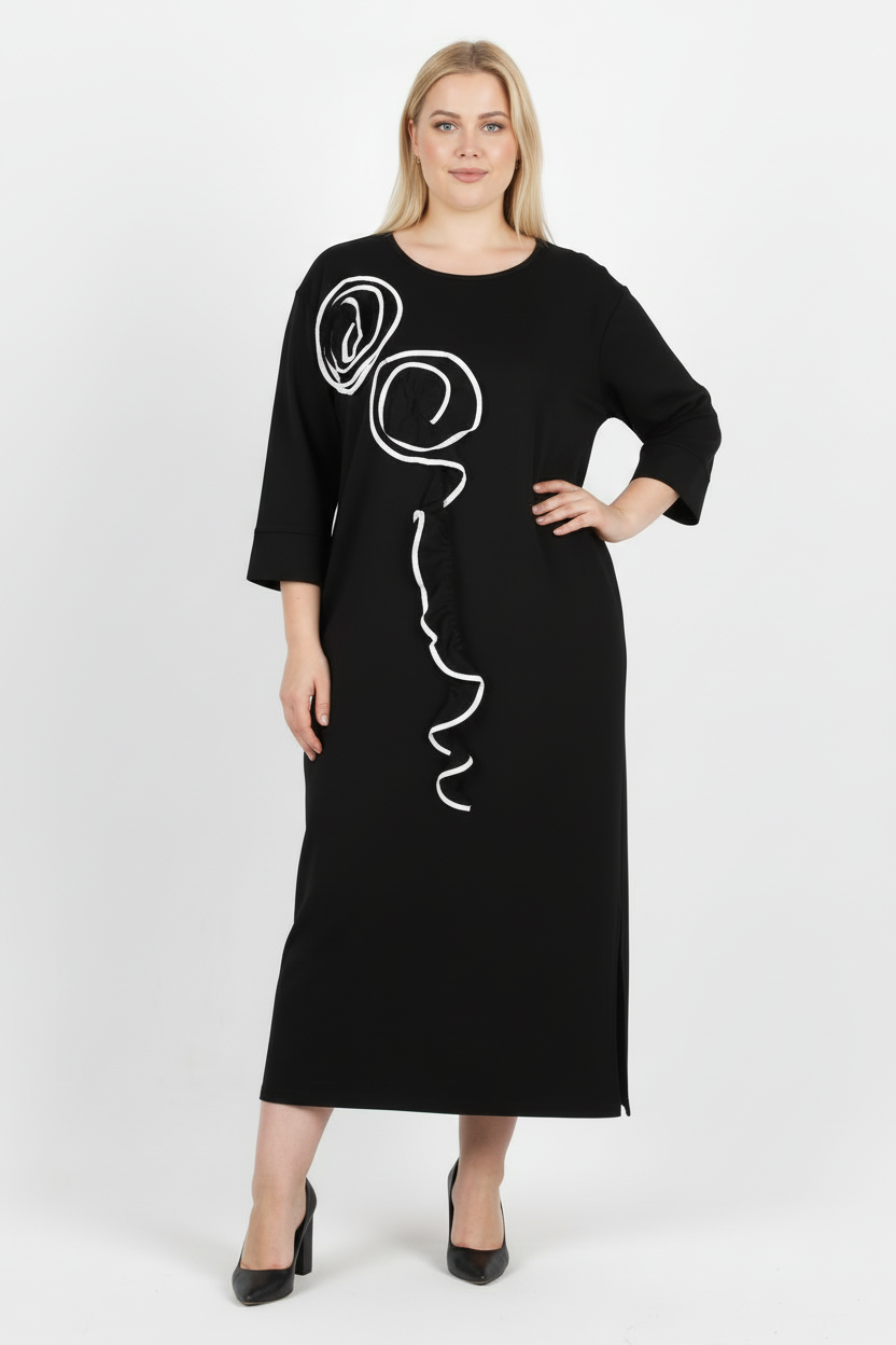 Cascade Büyük Beden Ön Fırfır Detay Elbise Siyah