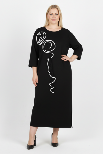 Cascade Büyük Beden Ön Fırfır Detay Elbise Siyah