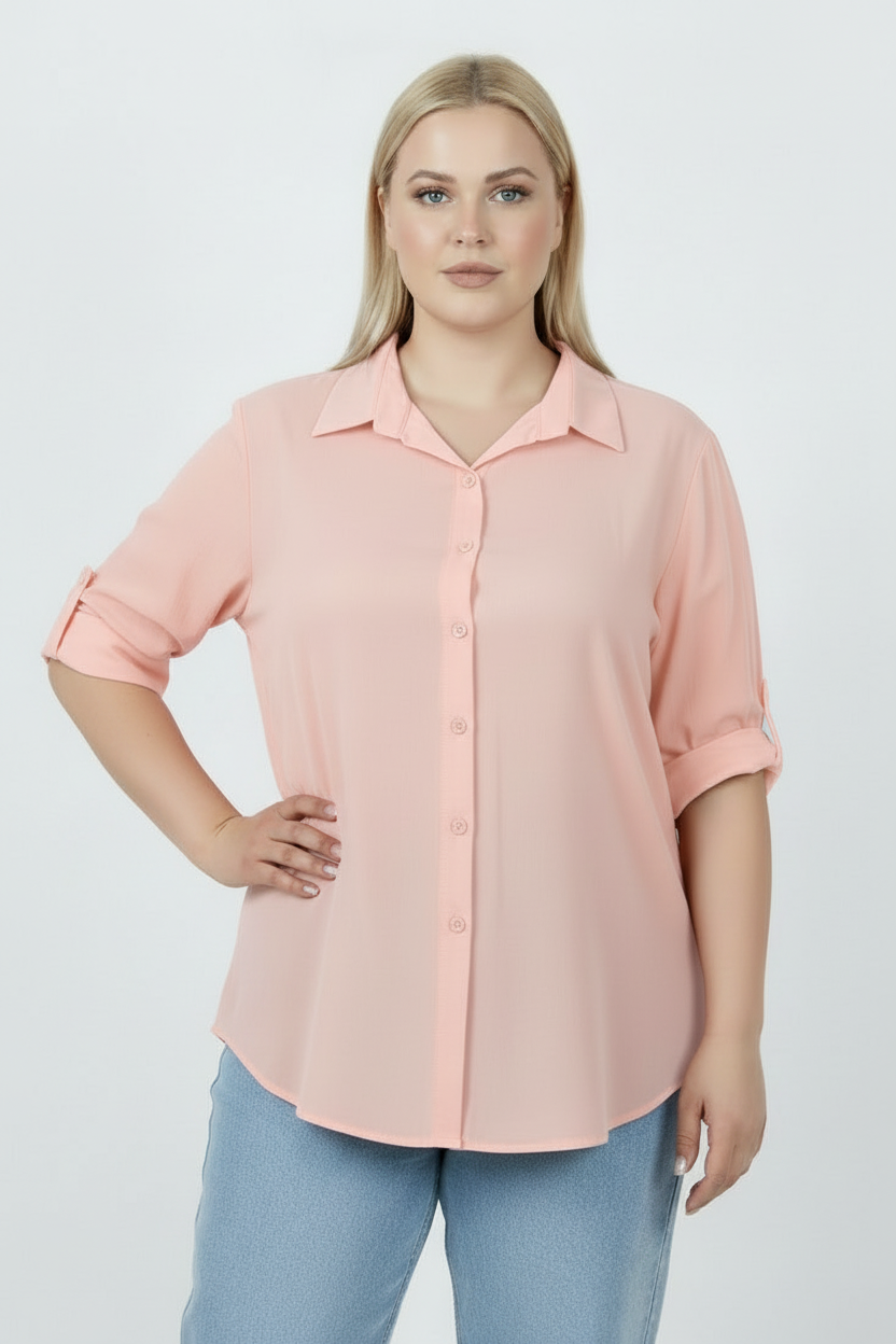 Serene Büyük Beden Kol Katlamalı Gömlek Pudra