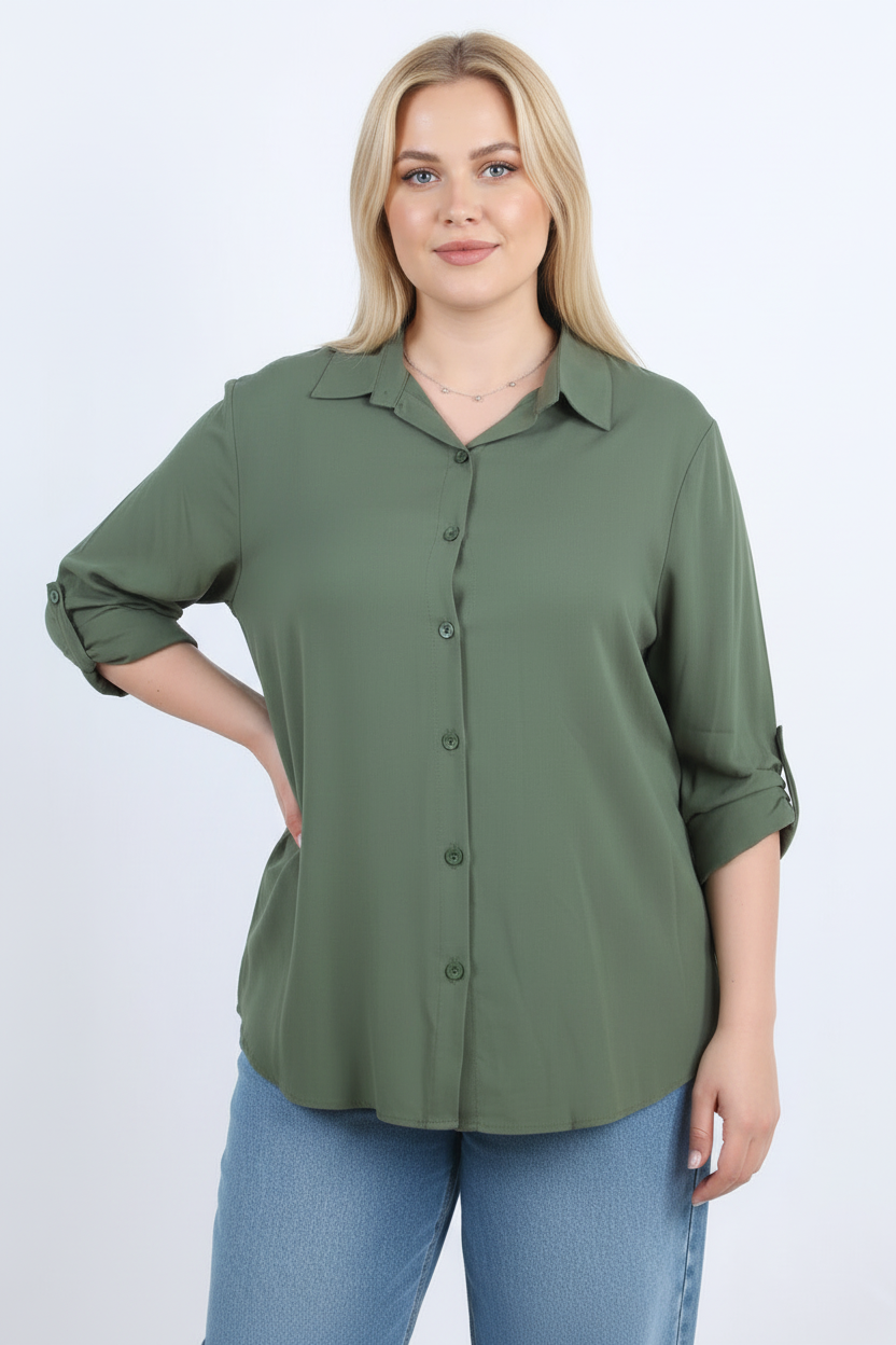 Serene Büyük Beden Kol Katlamalı Gömlek Haki