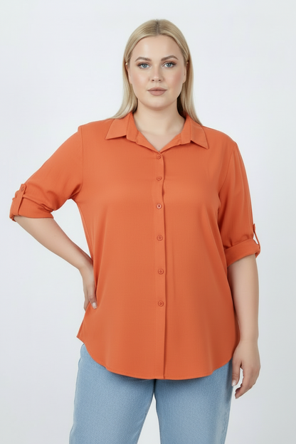 Serene Büyük Beden Kol Katlamalı Gömlek Turuncu