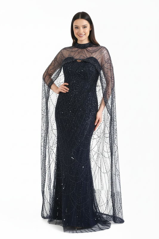 Kadın Pelerinli Pullu Boncuklu İkili Abiye  Lacivert