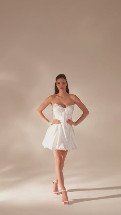 Kadın Bel Tül Detay Kısa Saten Abiye  Ekru