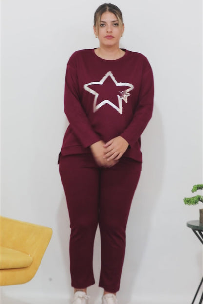 Büyük Beden Yıldız Varaklı Takım Bordo