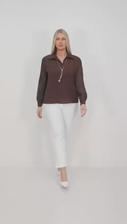 Chic Büyük Beden Önü V Yakalı Bluz Kahverengi