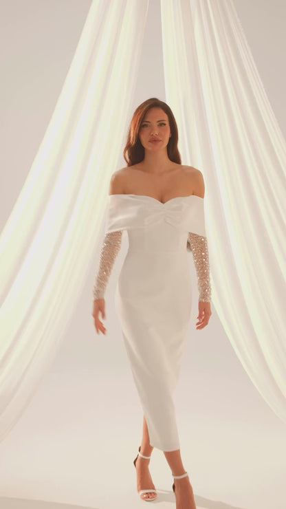 Kadın Yaka Kurdale Detay Dabl Abiye  Beyaz