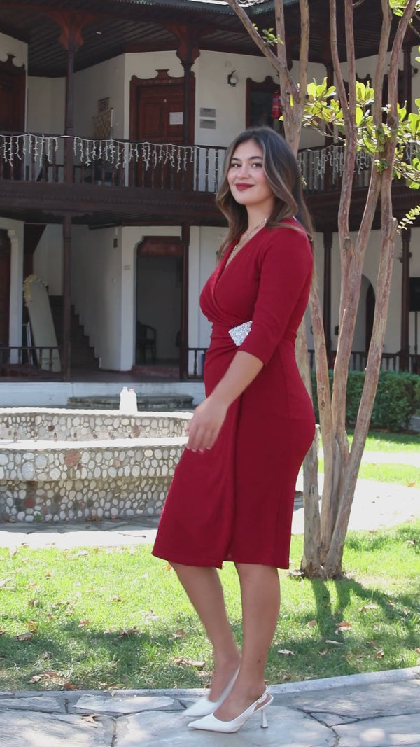 Büyük Beden Beli Taşlı Truvakar Kol Abiye  Kırmızı