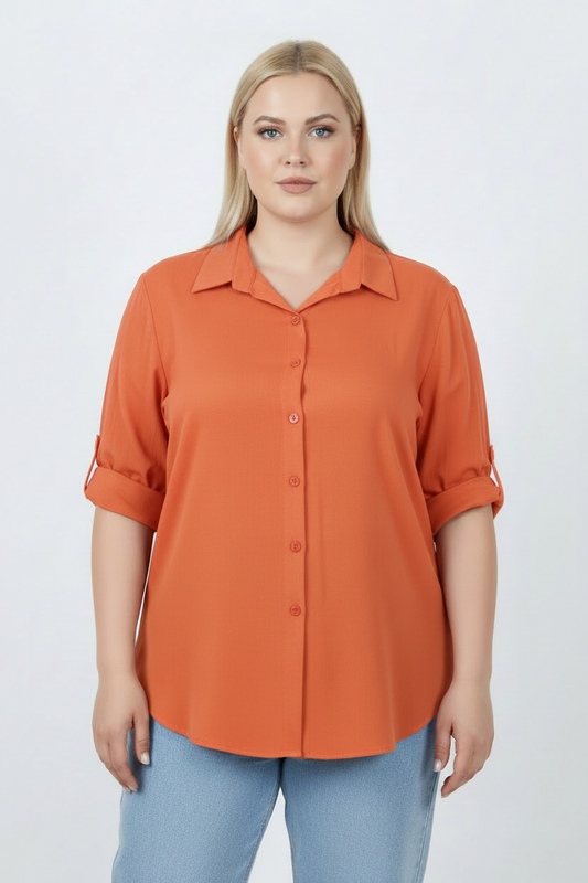 Serene Büyük Beden Kol Katlamalı Gömlek Turuncu