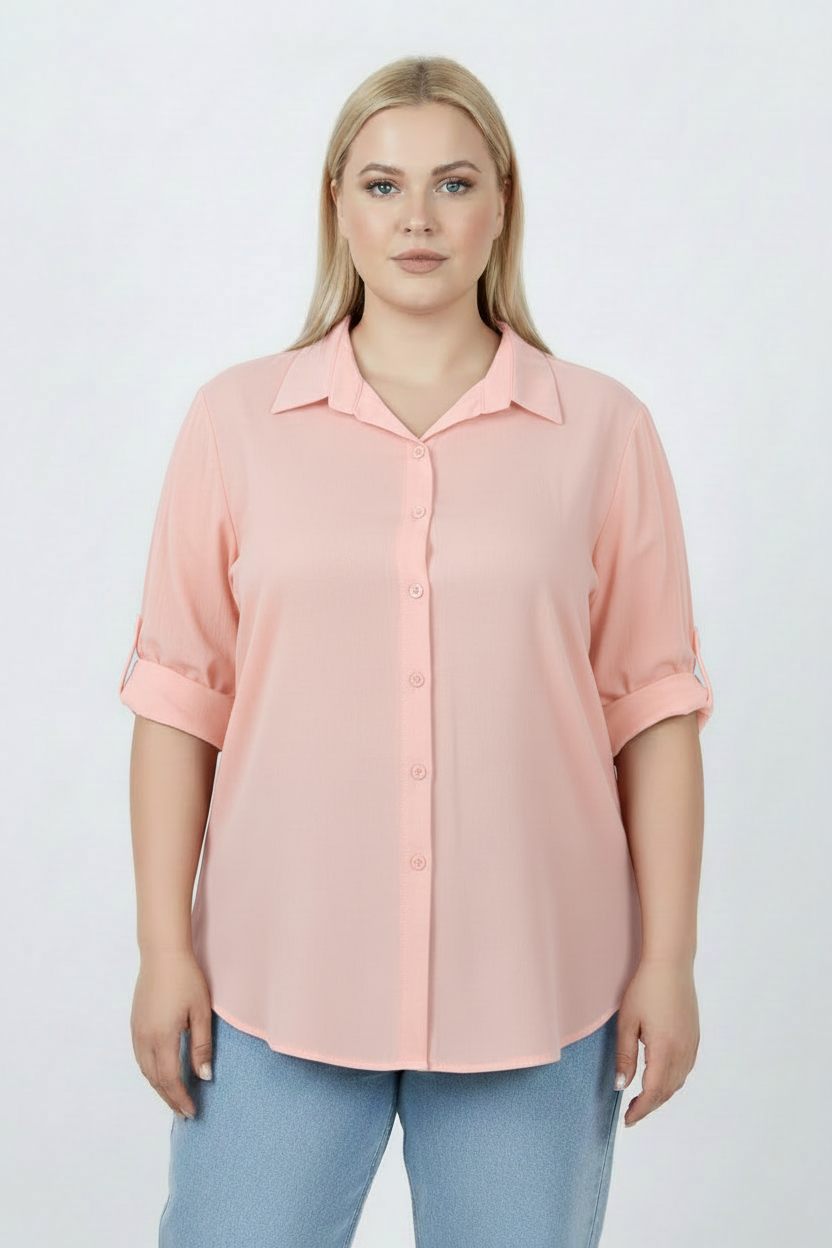 Serene Büyük Beden Kol Katlamalı Gömlek Pudra
