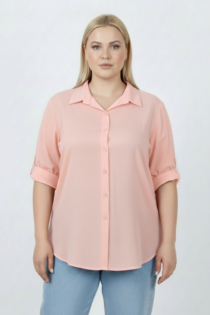 Serene Büyük Beden Kol Katlamalı Gömlek Pudra